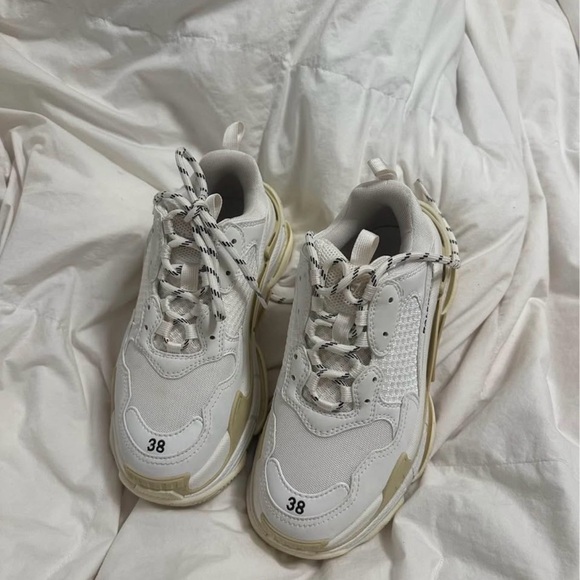 Balenciaga Shoes - Balenciaga Triple S Women's White Sneakers with Cream Sole Accents